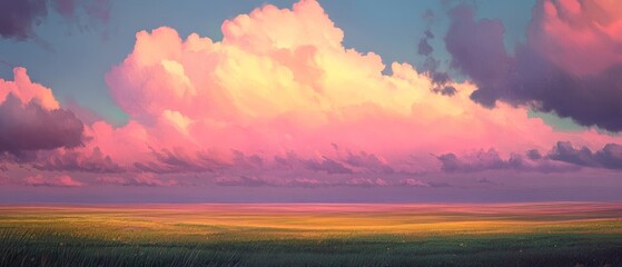 A painting of a cloudy sky with a pinkish hue