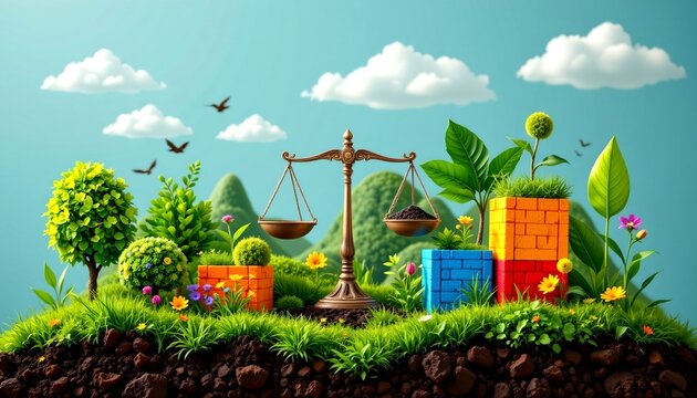 a conceptual esg compliance scorecard built from eco blocks, balance scale, and symbolic nature elements