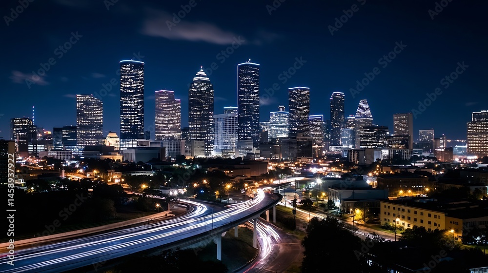 Poster night view of houston's skyline, showcasing illuminated skyscrapers and a highway with light trails,