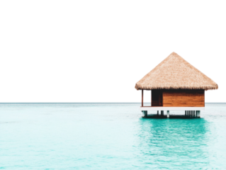 Tranquil beach hut over clear turquoise water for relaxation, cut out