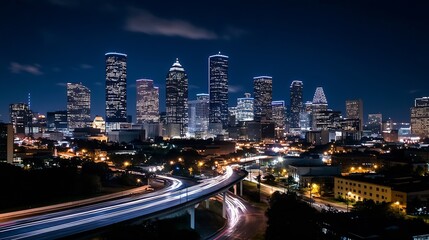 Obraz premium Night view of Houston's skyline, showcasing illuminated skyscrapers and a highway with light trails, creating a vibrant urban scene. : Generative AI
