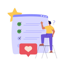 Online Survey. Man Choosing Answer or Giving Feedback and Opinion in Survey Form. Concept of Client Feedback, Quality Test, Checklist, Customer Review. Vector illustration for Web Design
