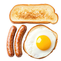Delicious breakfast plate featuring toasted bread, a sunny-side-up egg, and savory sausage links on a white isolated background.