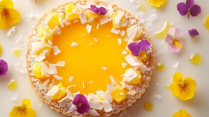 Yellow Mango Coconut Tart with Floral Garnish