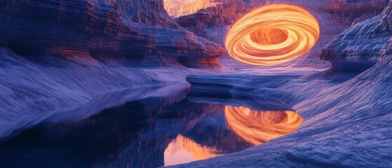 A large orange hole in the ground is reflected in the water