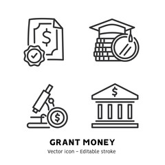Taking grant or scholarship money icons set. Student pay education loan. Collection of grant certificate, university and college fee, study fund, scholarship money flat outline icons. Editable stroke