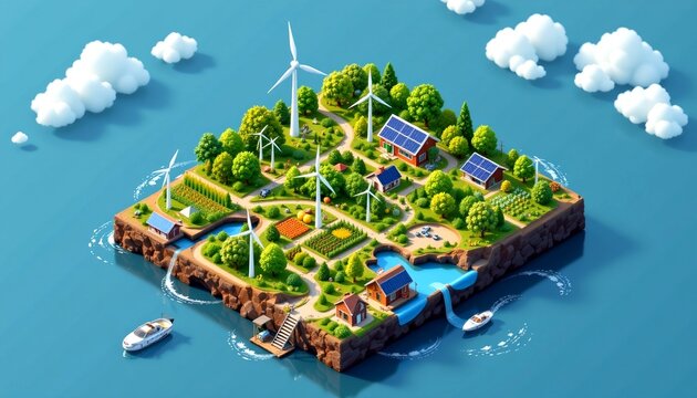an isometric map of a sustainable island with wind, solar, green farming, and rainwater catchment