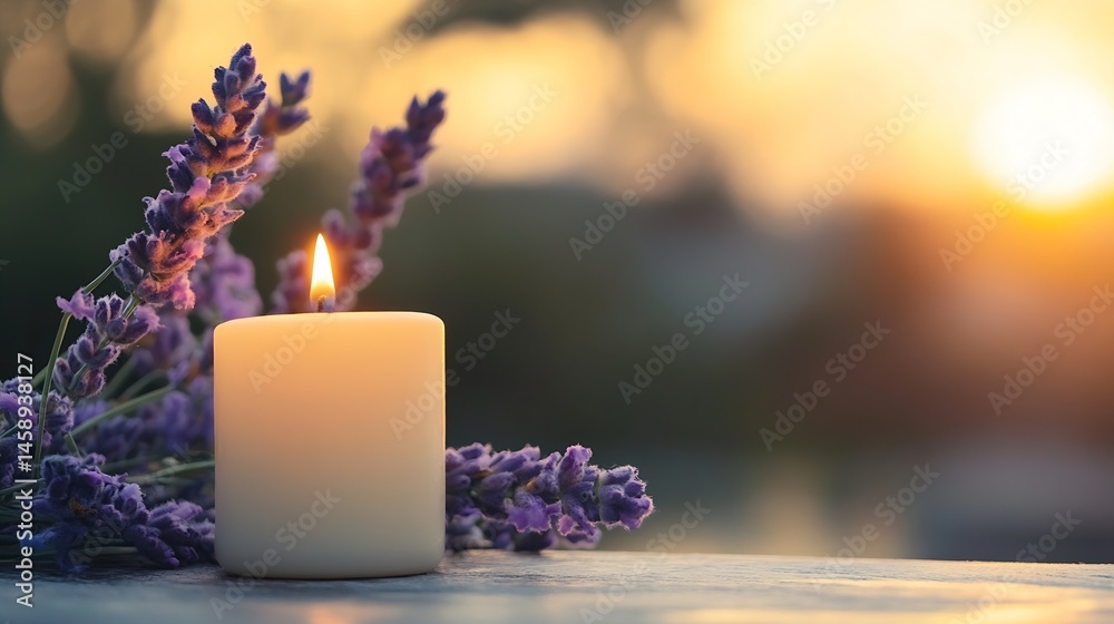 Poster serene sunset scene featuring a lit candle and fragrant lavender blossoms, creating a peaceful and t