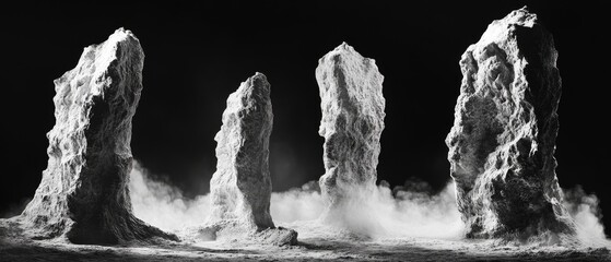 Four large rocks are shown in a black and white photo