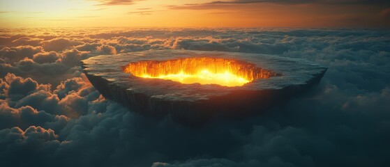 A large crater is in the sky with a bright orange fire inside