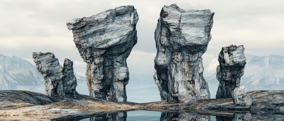 A group of large rocks are in front of a body of water