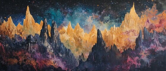 A painting of mountains with a sky background