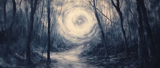 A painting of a forest with a large white circle in the middle