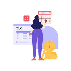 Tax calculation. People pay taxes with calculator. Financial administration service. Set of financial management, debt, duty, audit and accounting. Vector illustration for UI, banner
