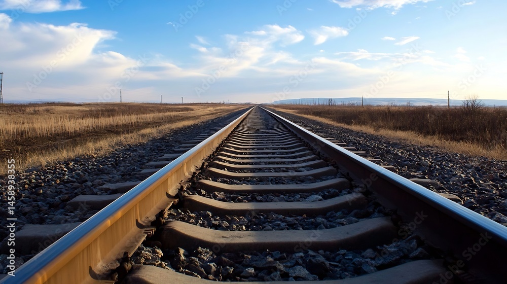 Poster a long railway track stretches towards a distant horizon under a partly cloudy sky, showcasing the v