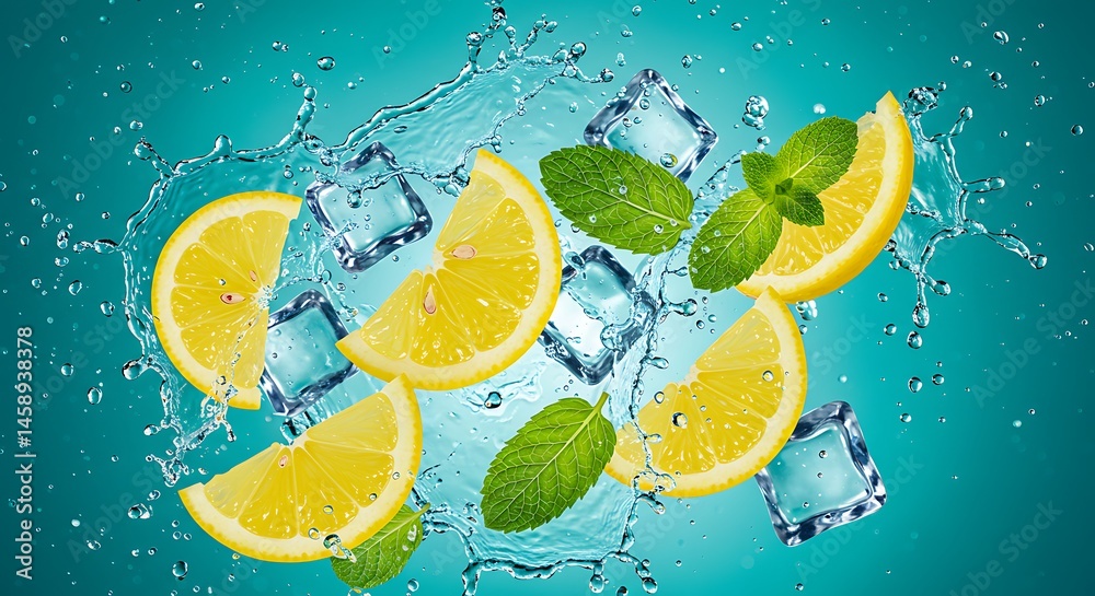 Fototapete fresh mint leaves and lemon slices floating among crushed ice, with sparkling water droplets splashi