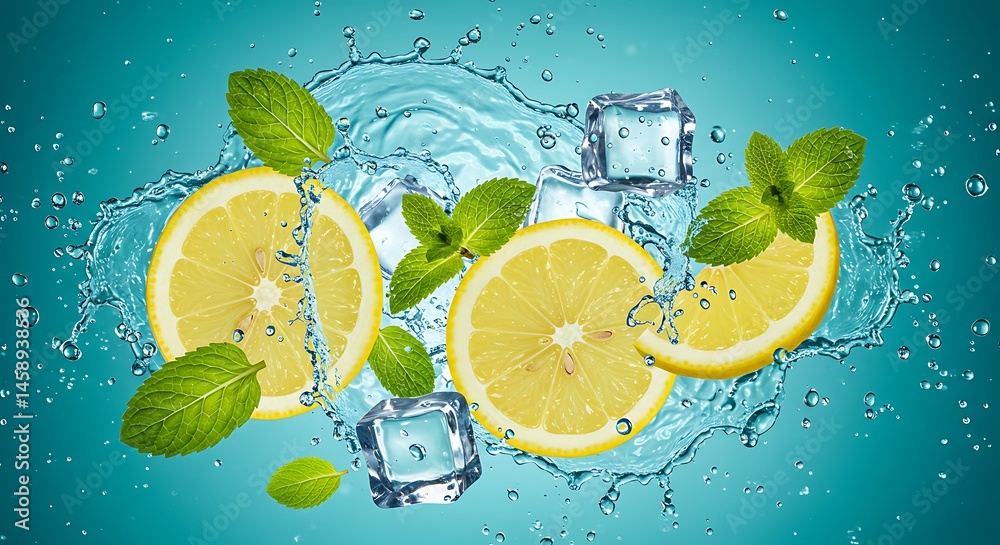 Fototapete fresh mint leaves and lemon slices floating among crushed ice, with sparkling water droplets splashi