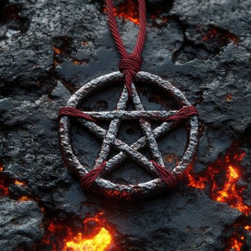 A pentagram with red strings tied around it, on a black background of lava and rocks, with a metallic material, a pentacle circle badge design, 3D rendering.