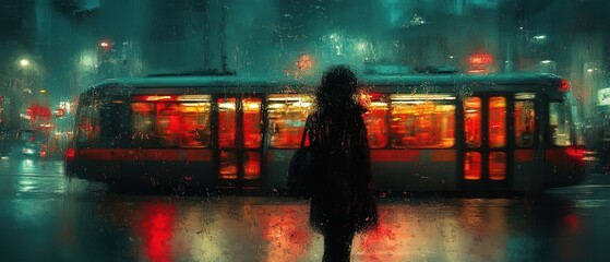 Rainy night tram stop solitude