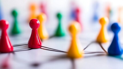 Colorful game pieces interconnected, representing network, strategy, or teamwork.  A red piece stands out, symbolizing leadership or a key connection. : Generative AI