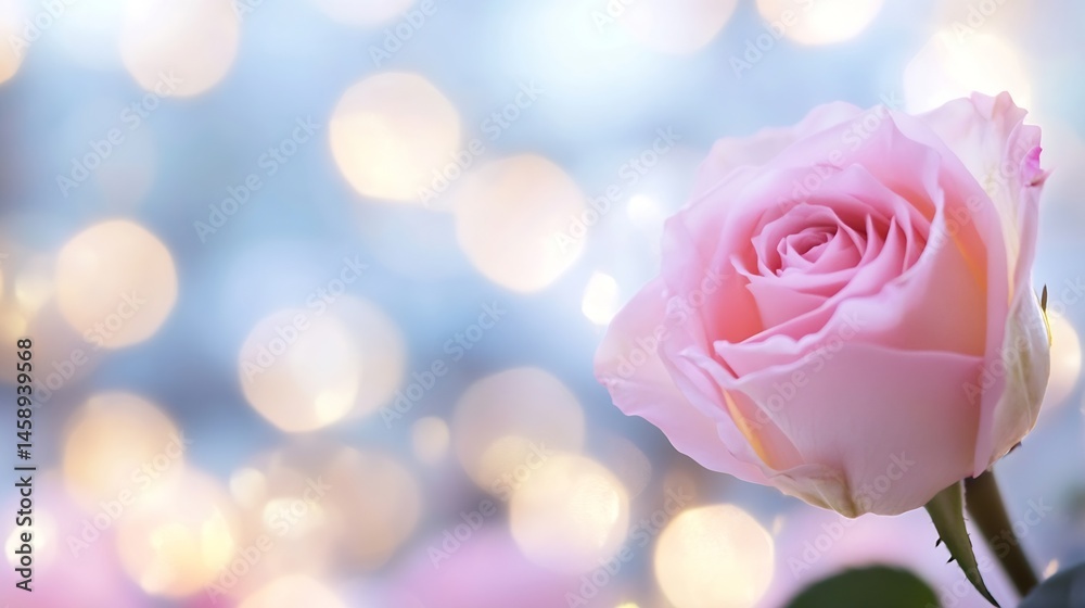 Aufkleber close-up of a delicate pink rose, softly illuminated against a bokeh background of pastel blue and g