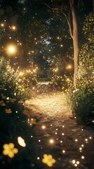 Sunlit path through a forest with glowing lights