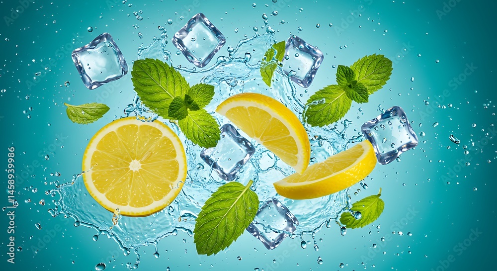 Fototapete fresh mint leaves and lemon slices floating among crushed ice, with sparkling water droplets splashi