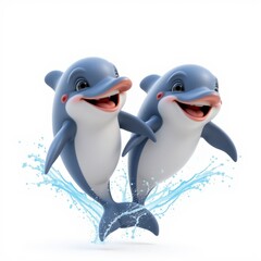Naklejka premium Cartoon 3D style, two dolphins in the air jumping out of the sea, clean white background