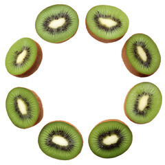 Fototapeta premium Fresh kiwi slices arranged in a circular pattern on a white isolated background, showcasing vibrant green flesh and brown skin, perfect for healthy eating themes.