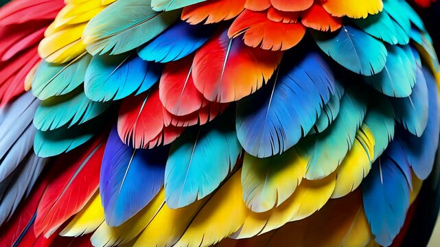 Vivid Parrot Feathers Displaying Bright Multicolored Texture Close-Up