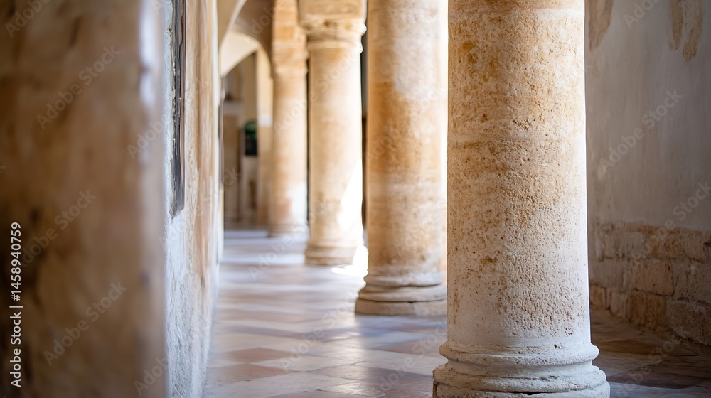 Poster Sunlit stone columns line a weathered hallway, creating a sense of history and tranquility within an ancient building's architecture. : Generative AI