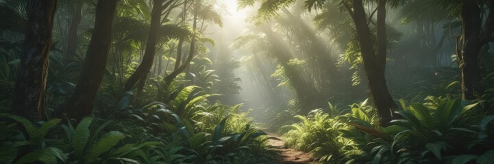 Naklejka premium Lush, vibrant tropical forest undergrowth Sunlight dappled through dense leaves , lush, tropical plants