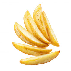 Freshly sliced ripe yellow pears arranged elegantly on a white background, showcasing their juicy texture and vibrant color.