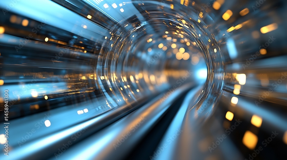 Poster abstract digital tunnel with glowing lights, futuristic technology concept, high speed motion blur, 