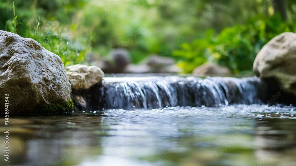 Poster Serene waterfall cascading over smooth rocks in a lush green forest, creating a tranquil and peaceful natural scene. : Generative AI