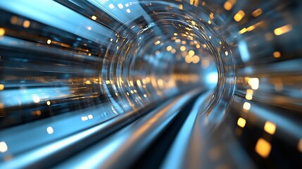 Abstract digital tunnel with glowing lights, futuristic technology concept, high speed motion blur, blue and gold color scheme, sleek metallic surface, dynamic energy, vibrant illumina : Generative AI