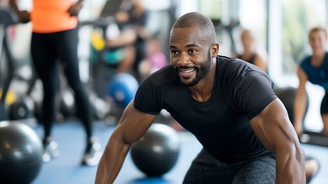 A focused, muscular black man prepares for a workout, smiling slightly as he bends over in a gym setting, surrounded by blurred figures and fitness equipment. : Generative AI