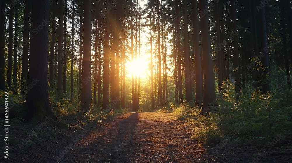 Fototapete sunlit path through a dense forest at sunset, golden hour light filtering through tall trees, creati