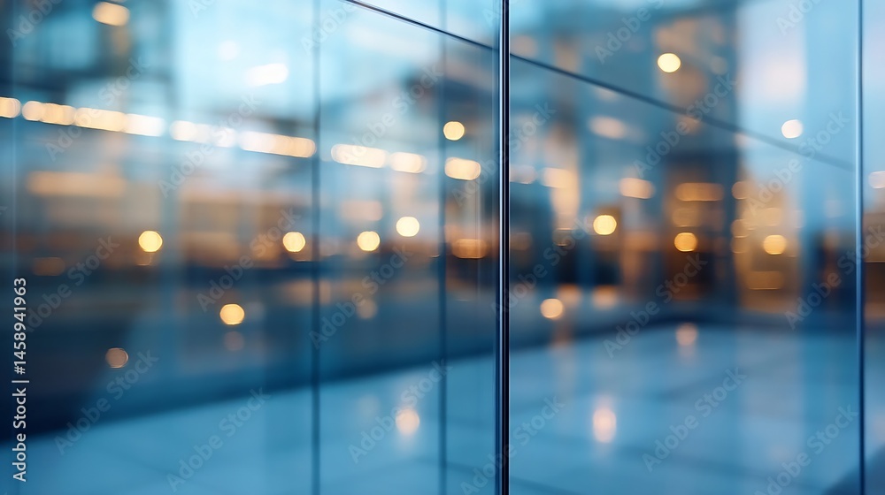 Aufkleber abstract blurred cityscape reflected in modern glass building facade at dusk, showing bokeh lights a