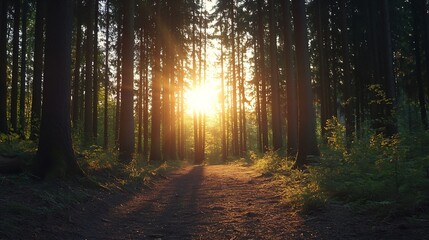 Sunlit path through a dense forest at sunset, golden hour light filtering through tall trees, creating a magical atmosphere. : Generative AI