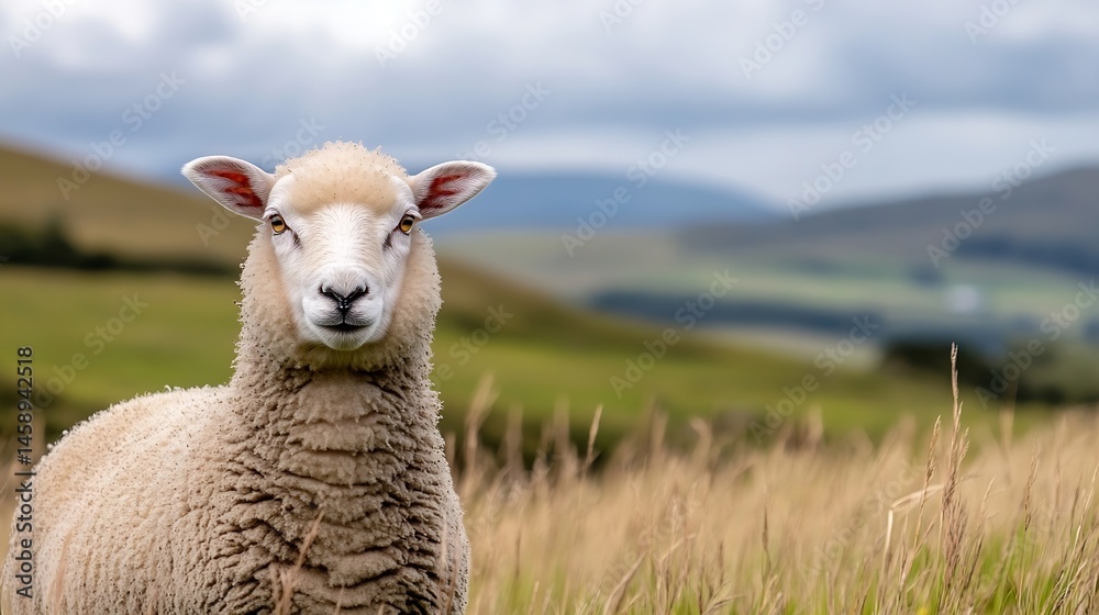 Poster A single sheep stands in a field of tall grass, gazing directly at the camera.  The background features rolling green hills under a partly cloudy sky, creating a serene pastoral scene. : Generative AI