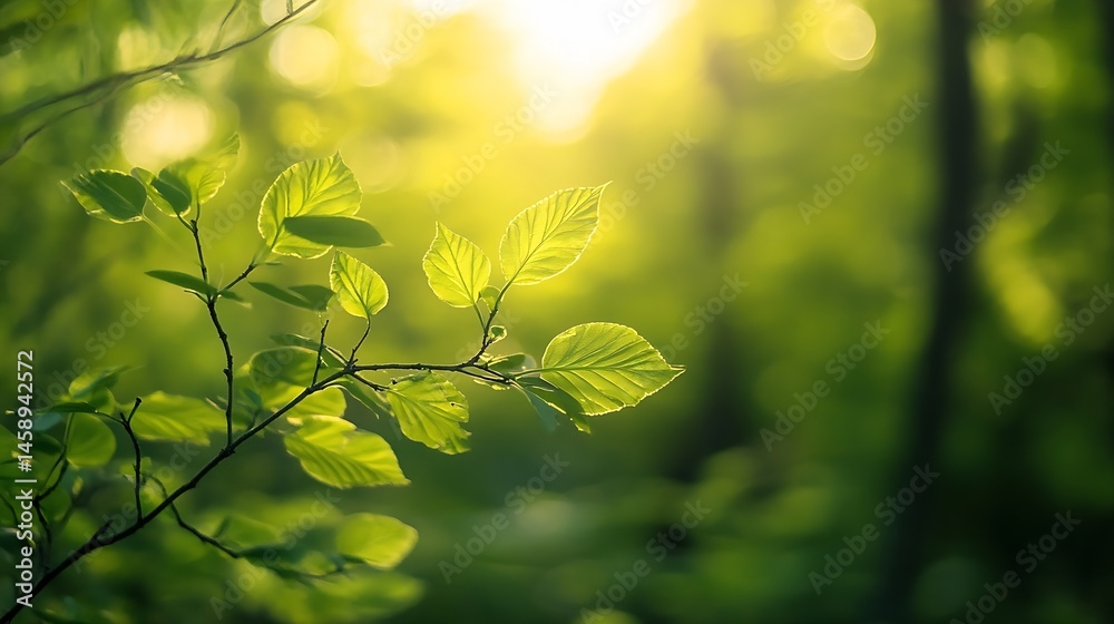 Leinwandbilder sunlight illuminates vibrant green leaves on a slender branch, creating a serene and peaceful nature
