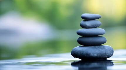 Obraz premium Serene Stack of Grey Stones on Water, Peaceful Zen Garden Scene with Blurred Green Background, Tranquil and Balanced Rocks. : Generative AI