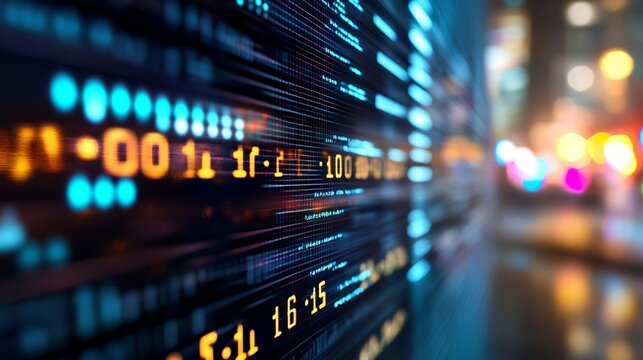 Abstract digital data stream visualization, glowing orange and blue numbers on a dark screen, city lights blurred in the background, suggesting technological innovation and financial m : Generative AI