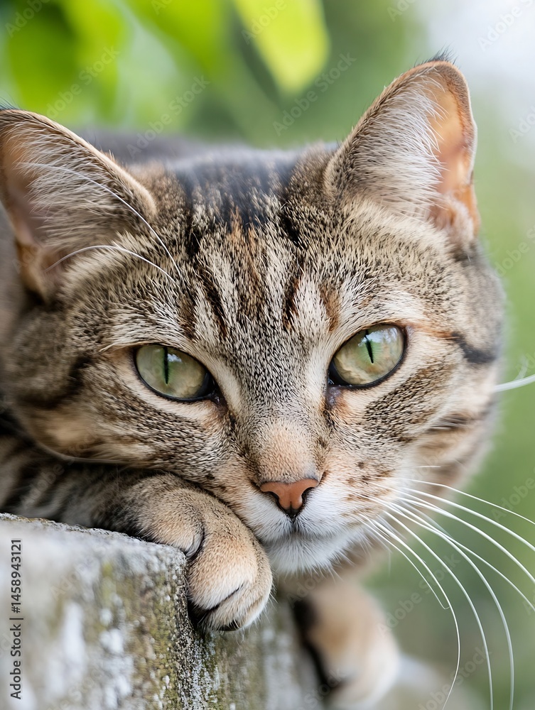 Poster close-up portrait of a tabby cat resting its paws on a stone wall, green bokeh background. the cat's