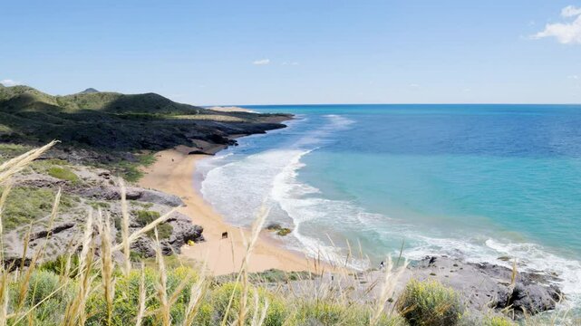 Aerial Coastal View of Calblanque Beach in Murcia, Spain Framed by Grasses with Turquoise Waters, Sandy Shoreline, and Rugged Hills under Clear Blue Sky