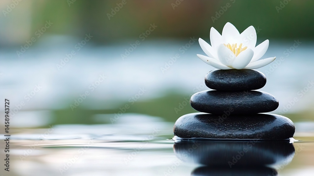Poster serene water lily atop a balanced stack of smooth, dark stones, floating gently on calm water, refle