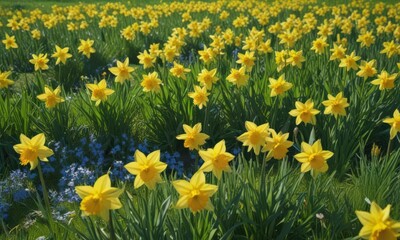 Obraz premium Sunlit yellow daffodils burst forth in a vibrant green meadow under a brilliant blue sky , vibrant, green, nature