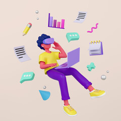 3D illustration of a freelancer wearing a VR headset and interacting with a virtual workspace. Minimalistic and futuristic style with pastel colors. 