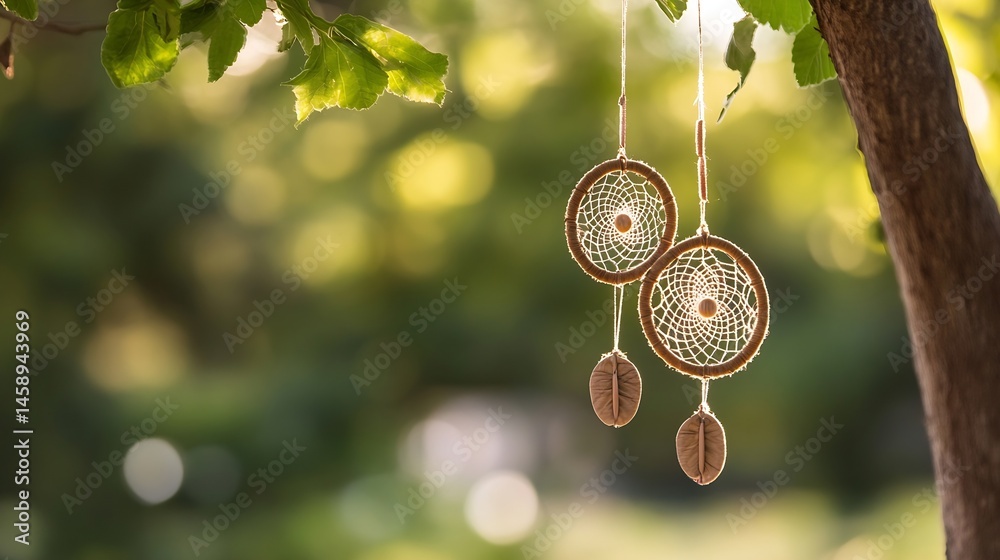Fototapete two dream catchers hang gently from a tree branch, bathed in soft sunlight filtering through green l